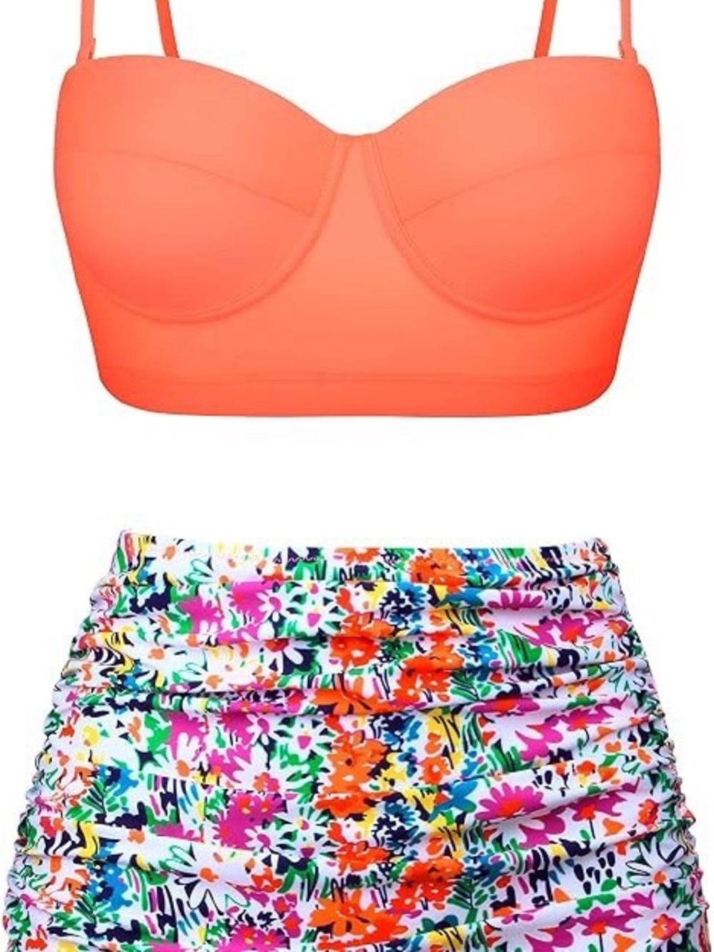Coral Bandeau Longline Bikini Top with Floral High-Waist Bottom - Women